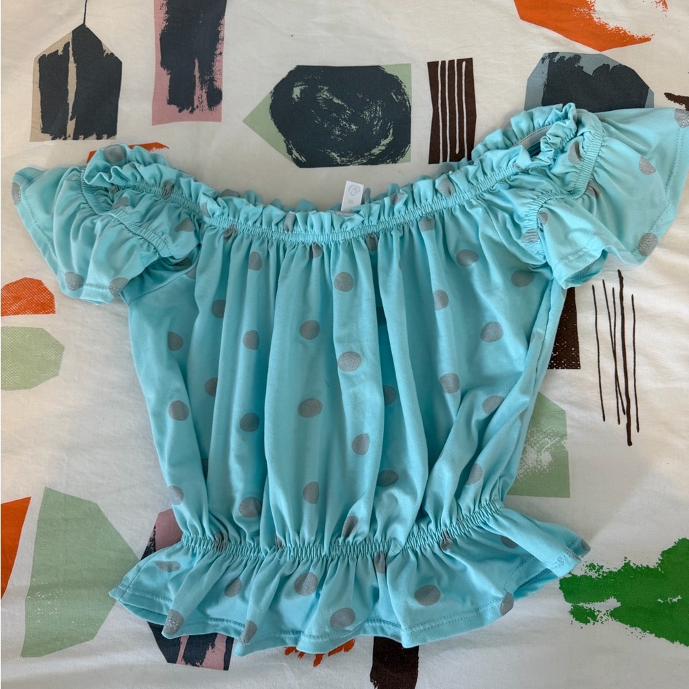 Aqua teal blue stretchy Polka Dot Off-Shoulder scrunch Top